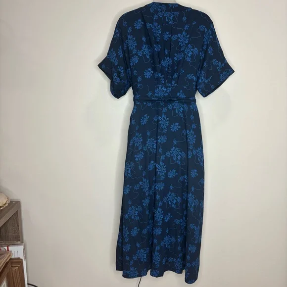 EQUIPMENT Blue Floral Print Wrap Tie Kimono Midi Button Up Dress v neck size 6 - Picture 5 of 9
